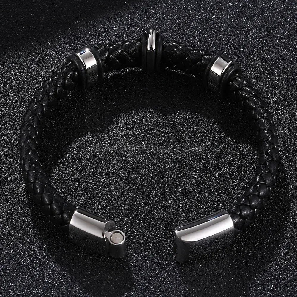 Braided Leather Stainless Steel Floral Accent Wrap Bracelet