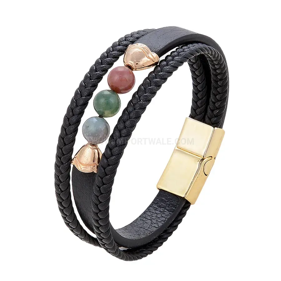 Layered Braided Leather Bracelet with Natural Stone Beads and Alloy Clasp