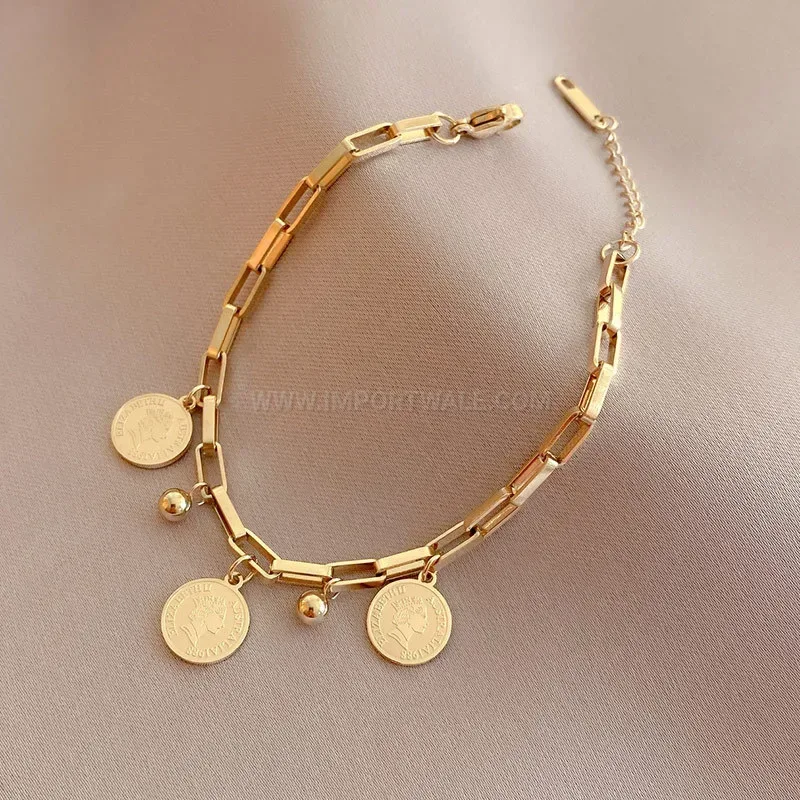 Bold Chic Stainless Steel Coin Pendant Chain Bracelet