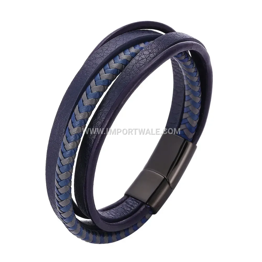 Handwoven Blue and Grey Leather Steel Bracelet with Black Clasp