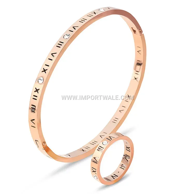 Roman Numeral Cutout Rhinestone Bangle and Ring Set