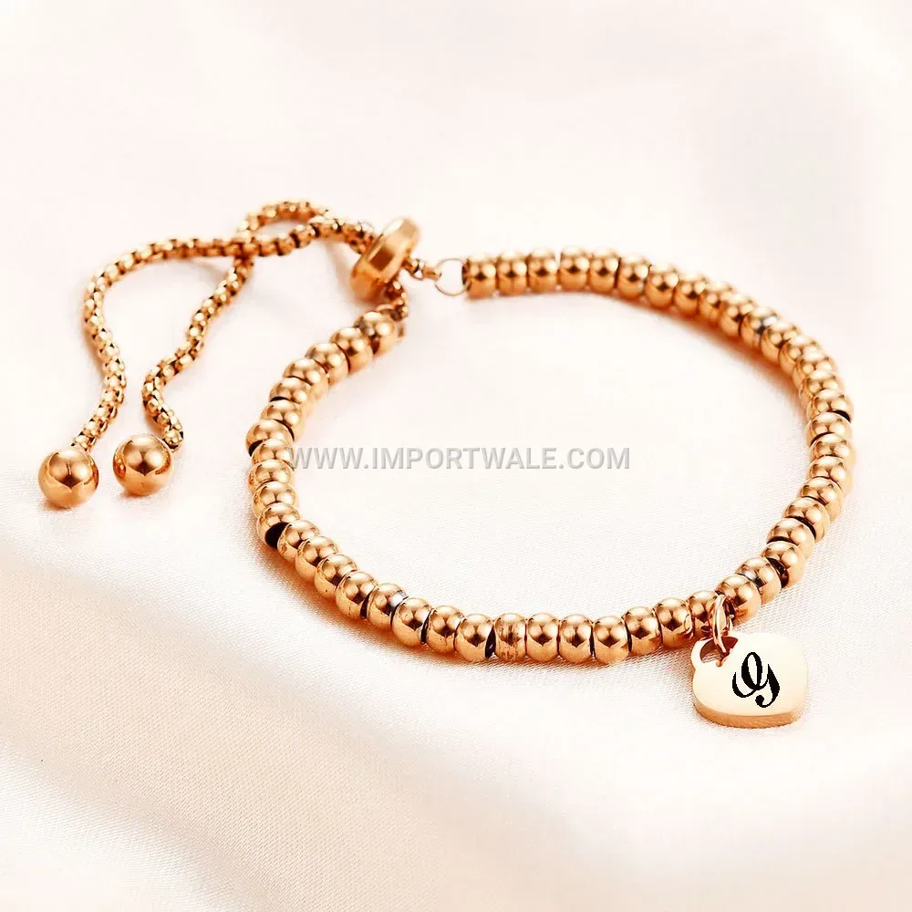 Rose Gold Stainless Steel Bead Initial Charm Bracelet