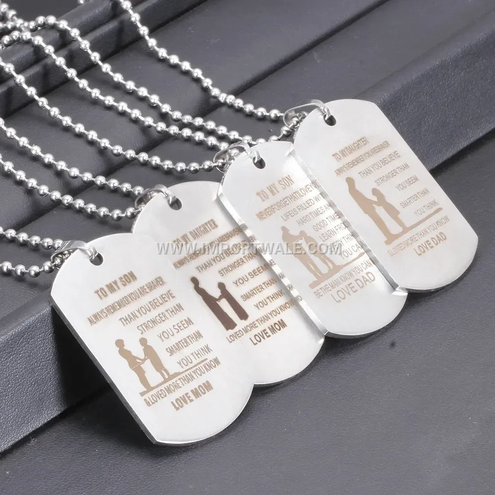 Engraved Stainless Steel Family Message Dog Tag Necklace