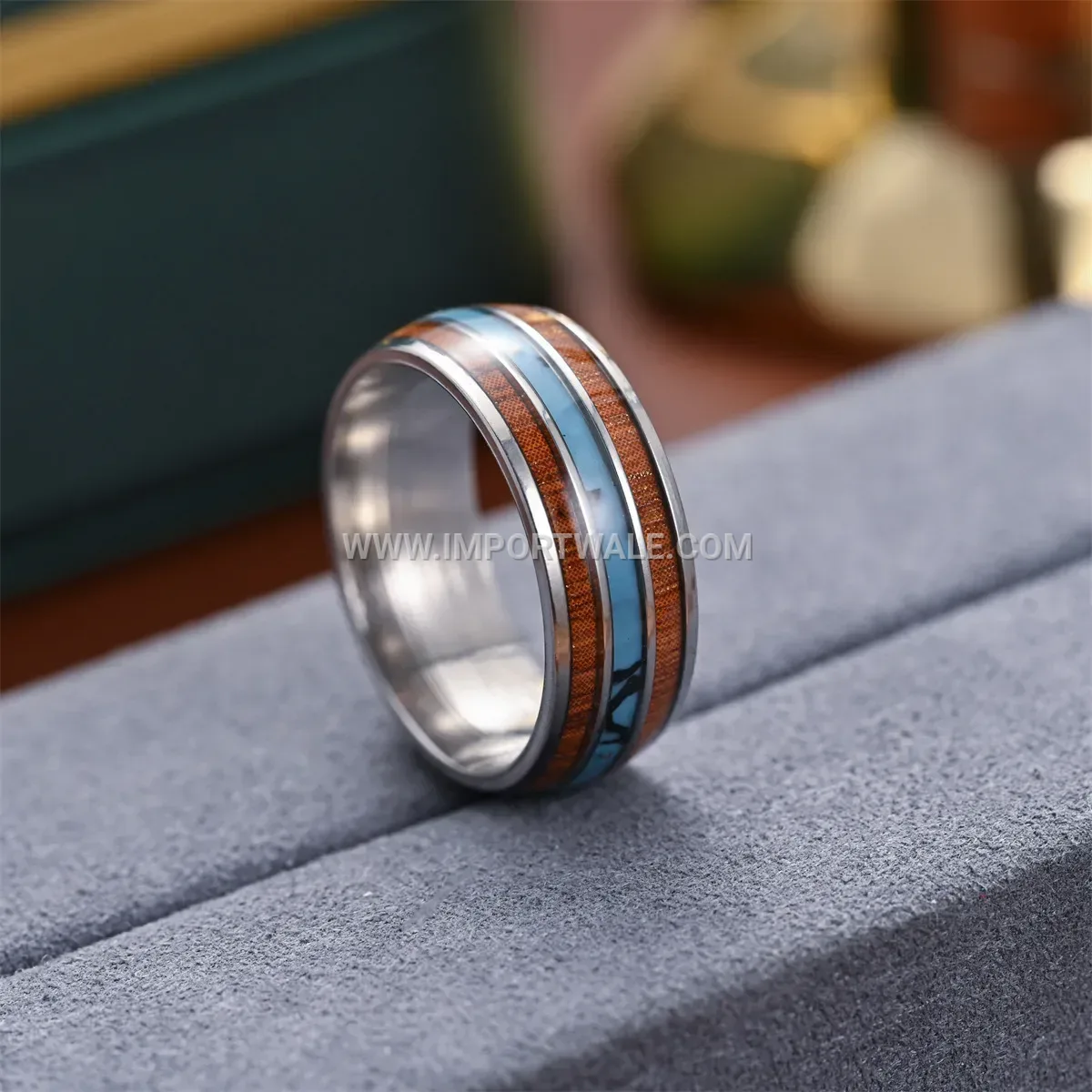 Turquoise and Acacia Wood Inlay Stainless Steel Ring