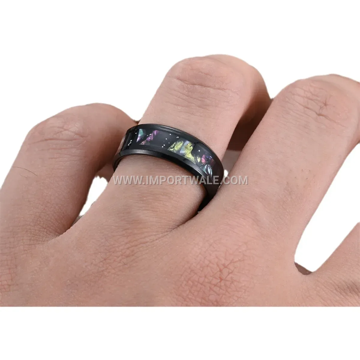 Black Starry Night Shell Inlay Stainless Steel Band Ring
