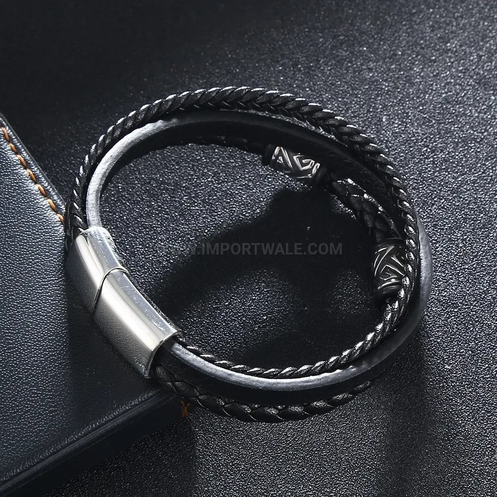Multi-Strand Cowhide Leather Wristband with Stainless Steel Accents