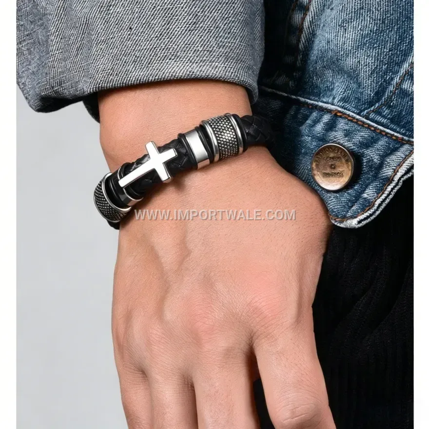 Multi-Ring Cross Accent Leather Wristband With Magnetic Clasp