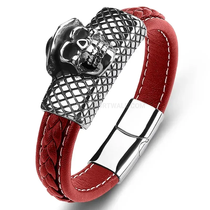 Textured Microfiber Leather Strap Bracelet with Stainless Steel Hooded Skull