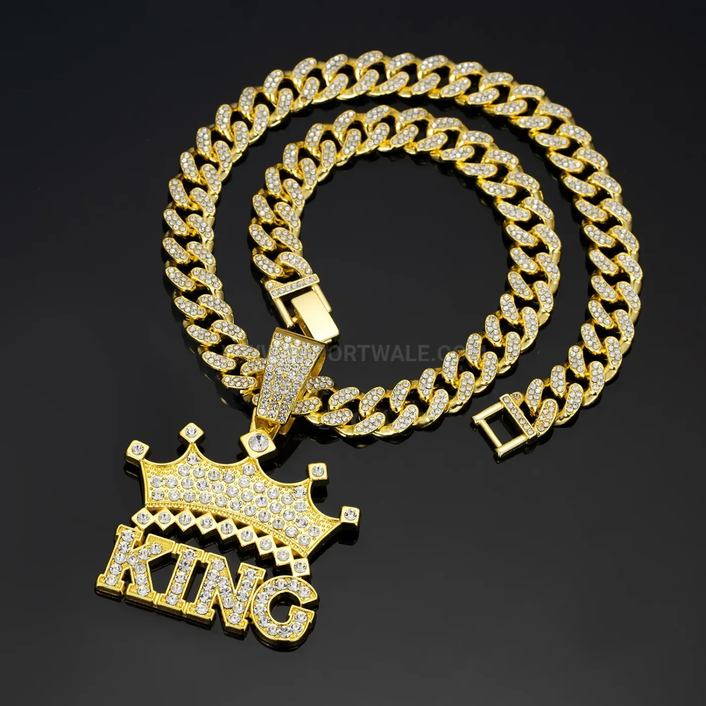 Full Rhinestone King Crown Alloy Hip Hop Pendant Necklace