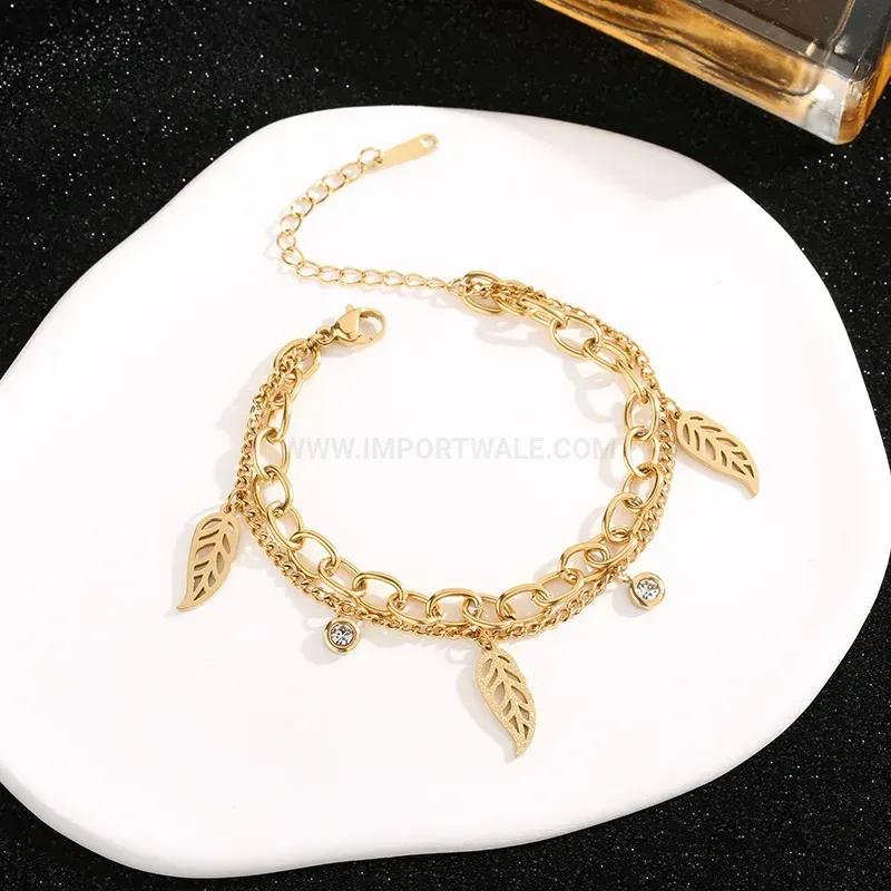 Classic Gold Plated Titanium Steel Geometric Leaf Chain Bracelet