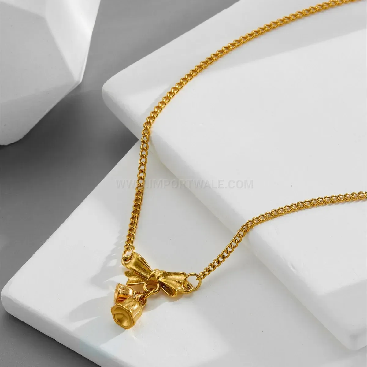 Chic Gold Titanium Steel Bow Lily of the Valley Pendant Necklace