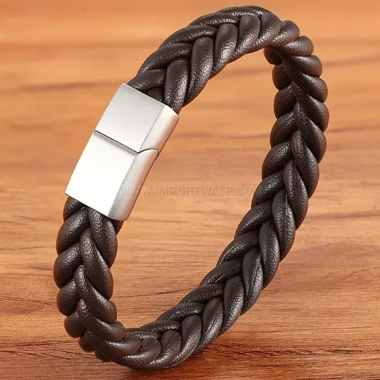 Bold Braided Brown Leather Wristband with Secure Magnetic Clasp