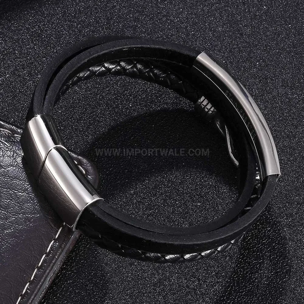 Multi-Strand Black Leather Cuff Bracelet with Plated Stainless Clasp