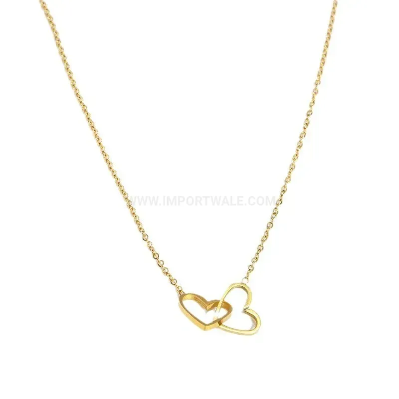 Bold Delicate Double Ring Heart Pendant Gold Titanium Steel Necklace