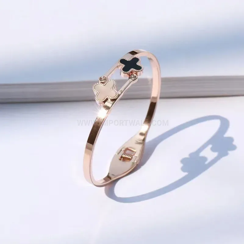 Premium Double Four Leaf Clover Shell Titanium Steel Open Bangle