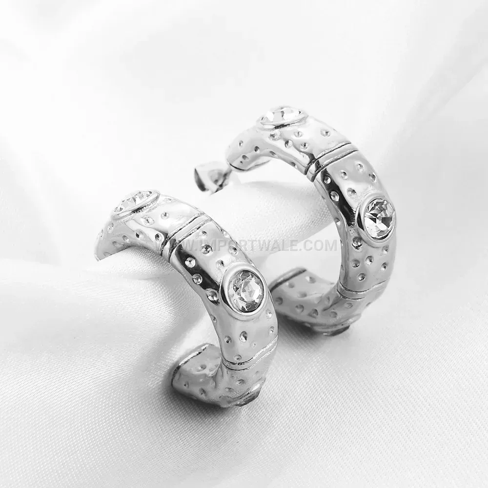 Irregular C-Shaped Zirconia Stainless Steel Hoop Earrings