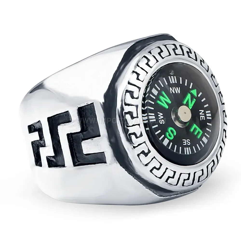 Elegant Round Compass Stainless Steel Statement Ring