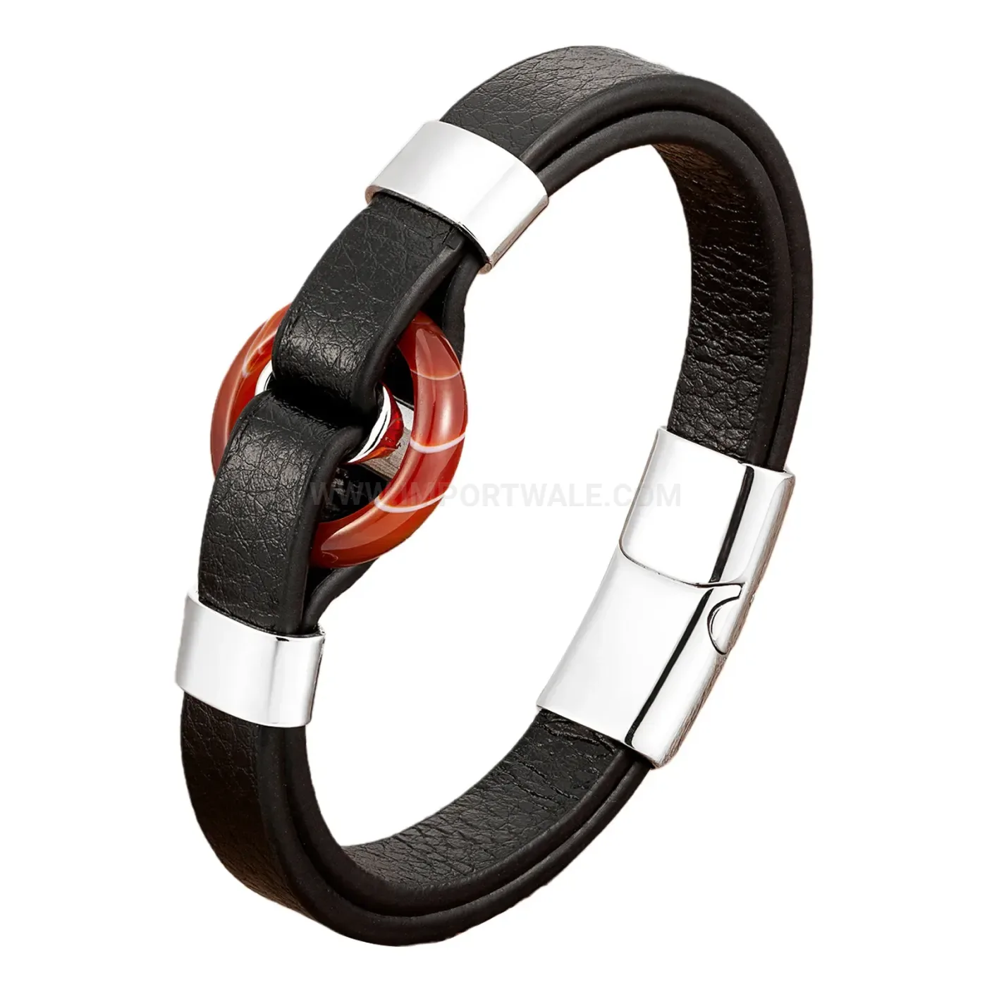 Beaded Natural Stone Leather Cord Wristband Stainless Steel Magnetic Clasp