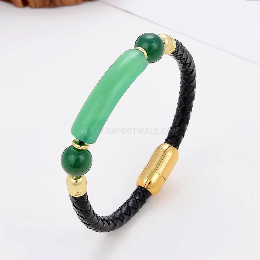 Woven Leather Stone Bracelet with Magnetic Stainless Clasp