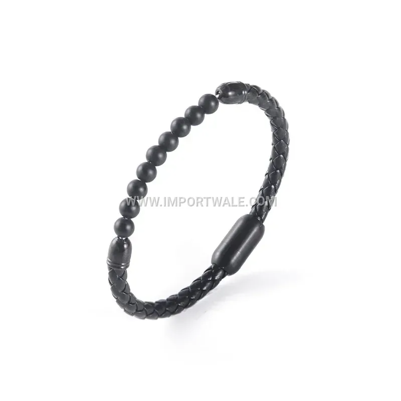 Braided Leather and Stainless Steel Magnetic Clasp Bracelet