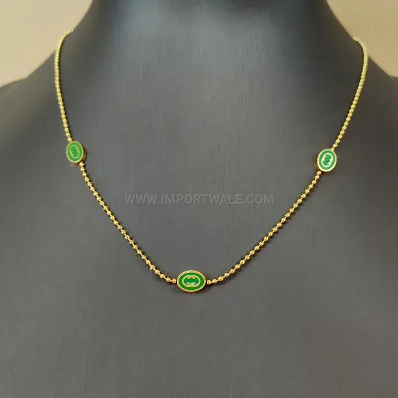 Gold Plated Titanium Steel Green Enamel Letter C Ball Chain Necklace
