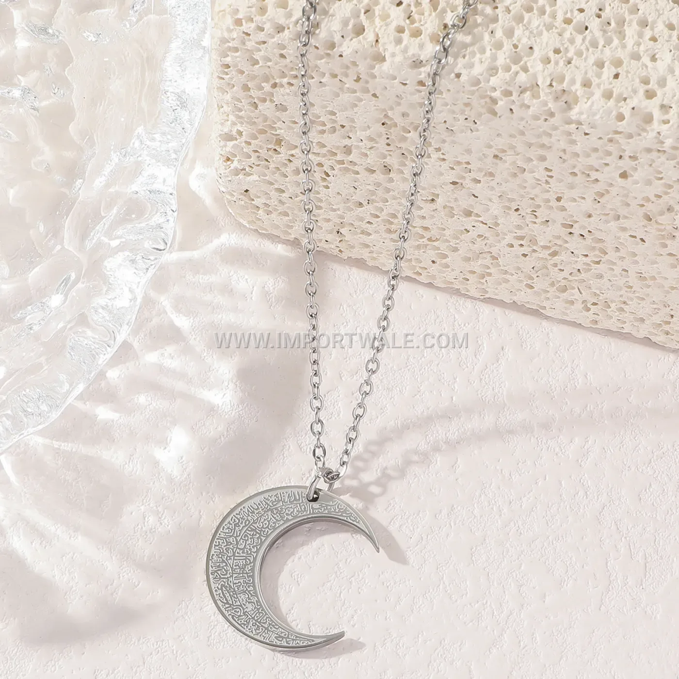 Double Sided Engraved Moon Ayatul Kursi Stainless Steel Pendant Necklace