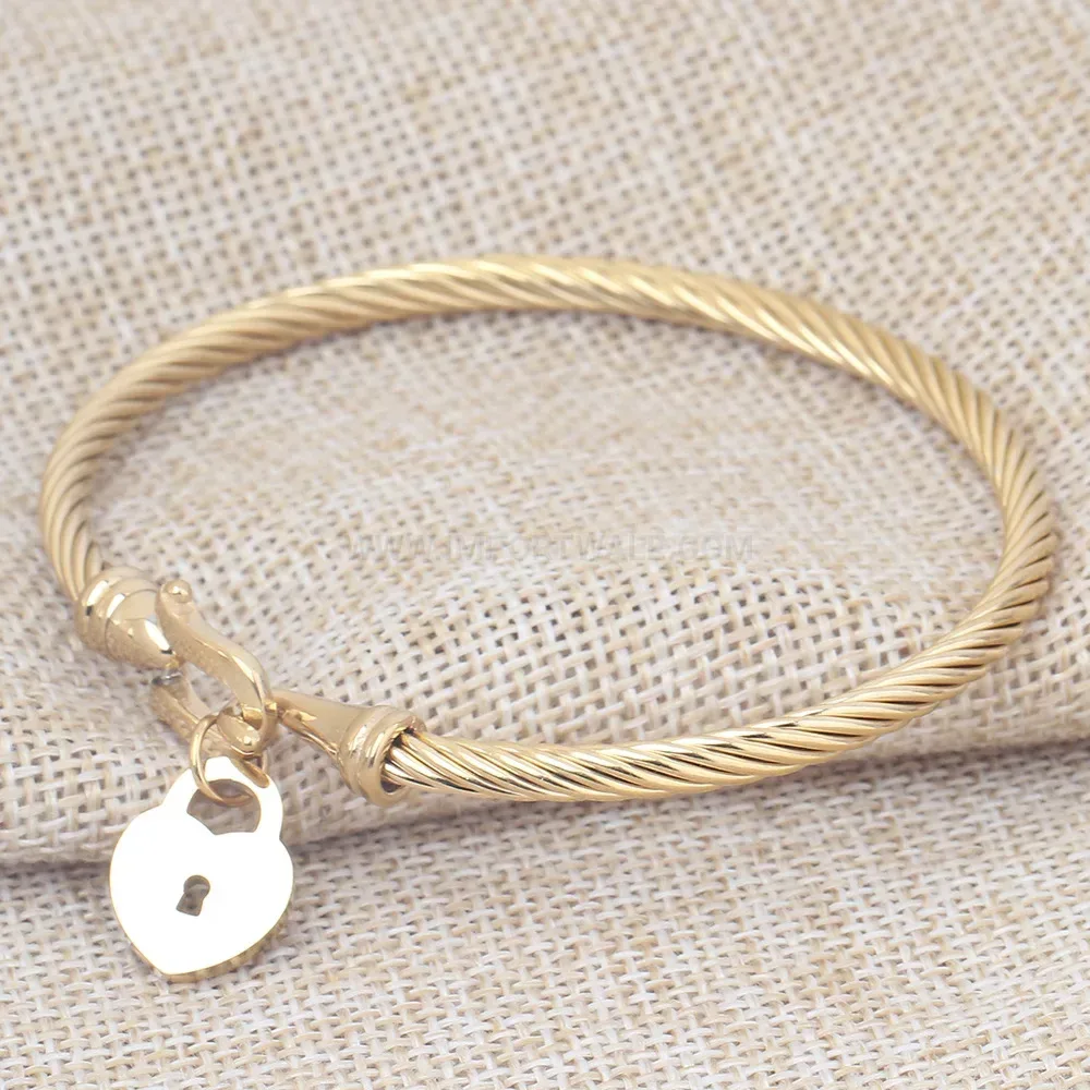 Fashion Twisted Cable Wire Heart Lock Stainless Steel Bangle
