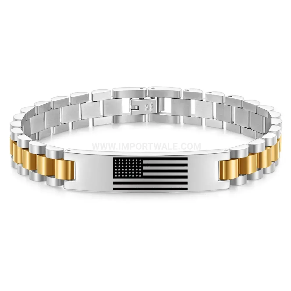 Stainless Steel US Flag Heart Engraved Link Bracelet