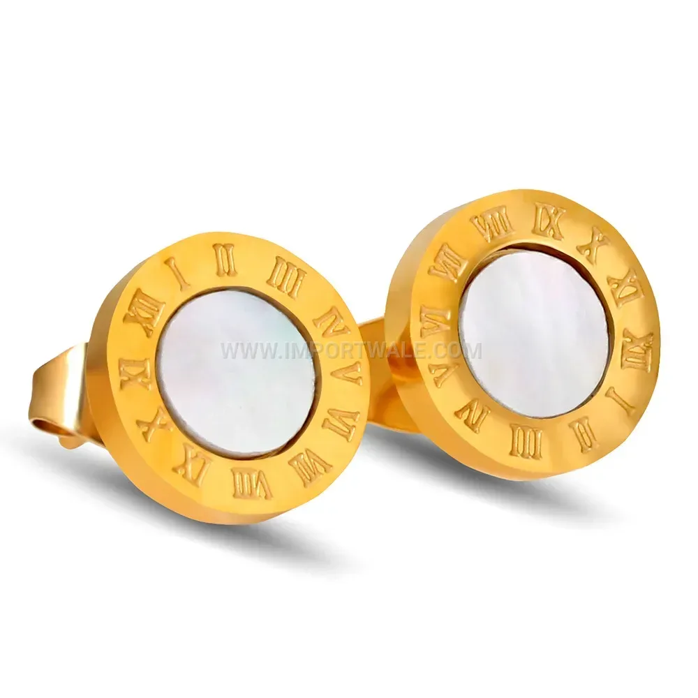 Stainless Steel Roman Numeral Round Stud Earrings with Shell Accent