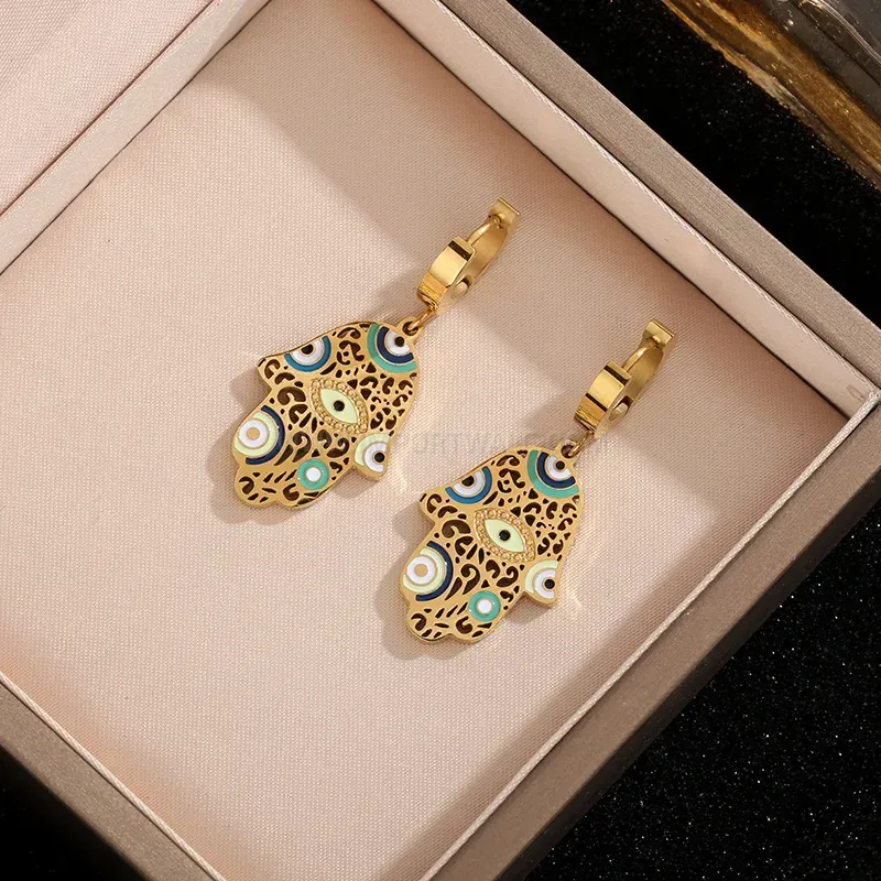 Stainless Steel Leopard Print Oil Drip Evil Eye Earrings