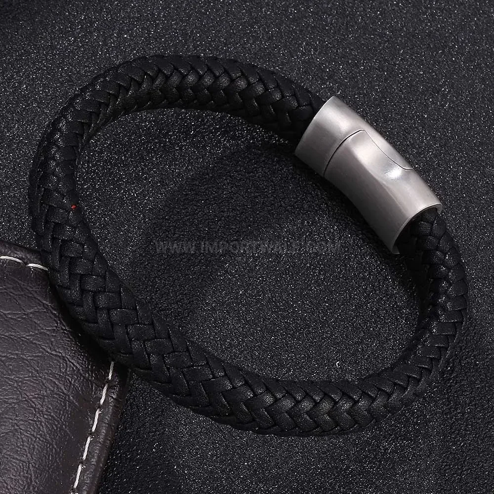Woven Leather Rope Bracelet with Steel Magnetic Buckle