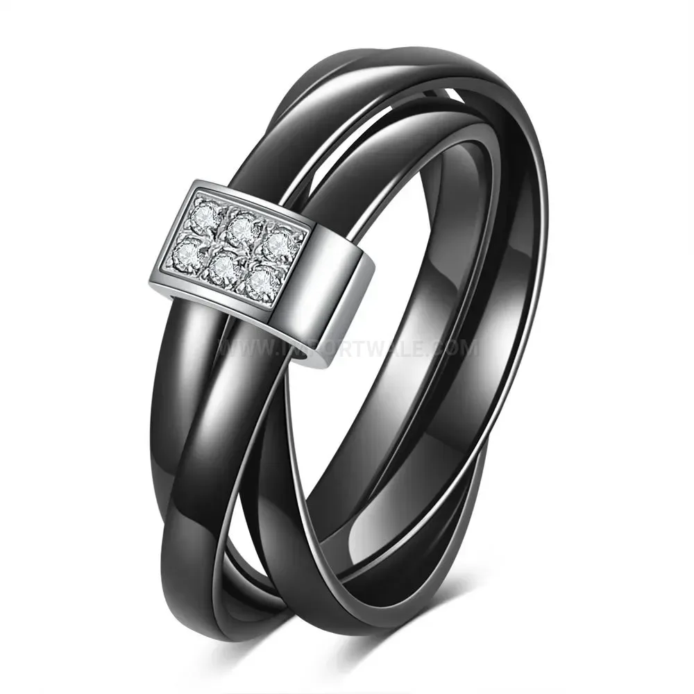 Modern Double Row Zirconia Inlaid Ceramic Interlocking Stainless Steel Band Ring