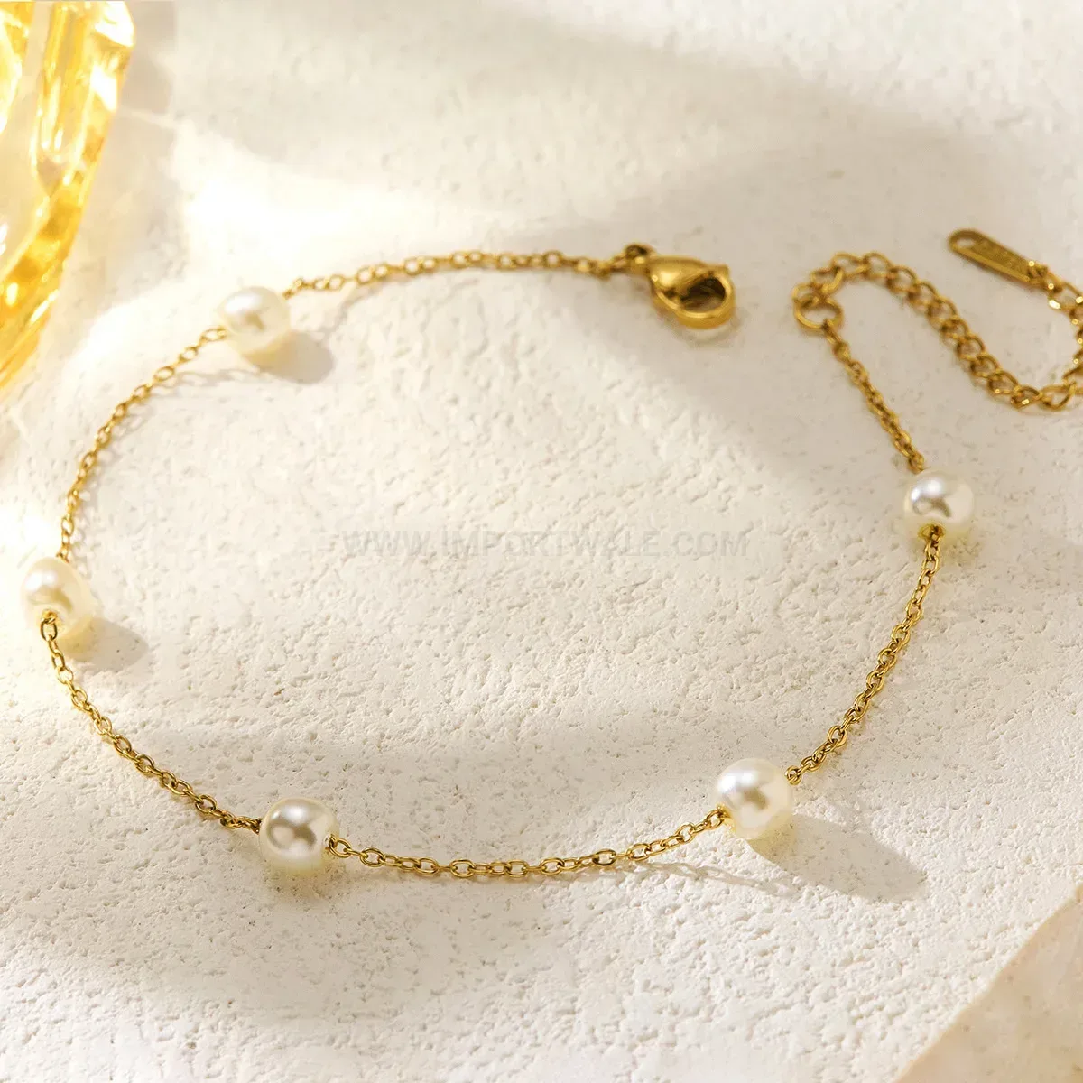 Gold Plated Stainless Steel Five Pearl Accent Bracelet