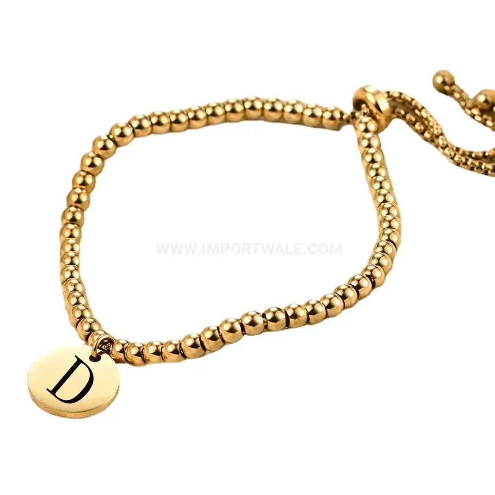Premium Adjustable Gold-Plated Stainless Steel Bead Bracelet with Alphabet Disc