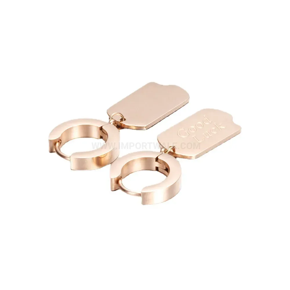 Elegant Minimalist Good Luck Engraved Rose Gold Stainless Steel Earrings