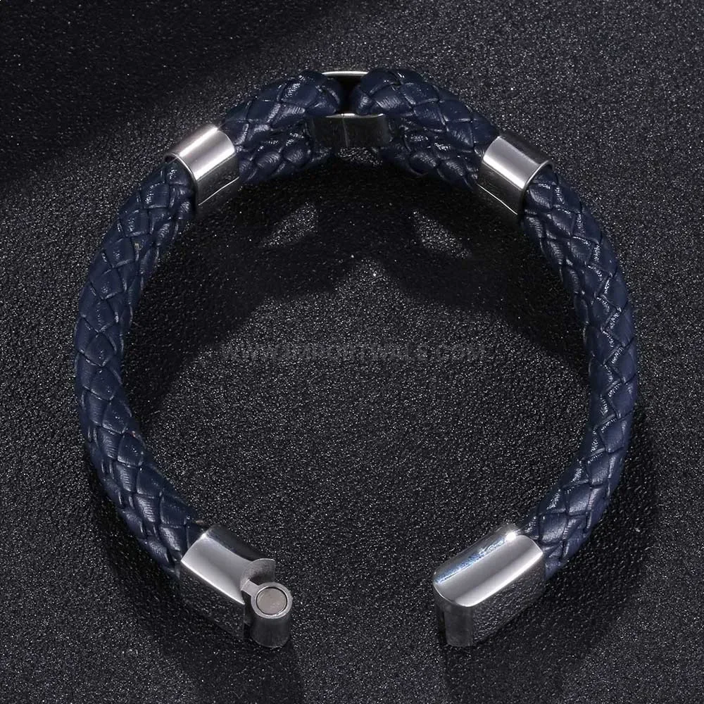 Double Strand Braided Leather Stainless Steel Men's Bracelet