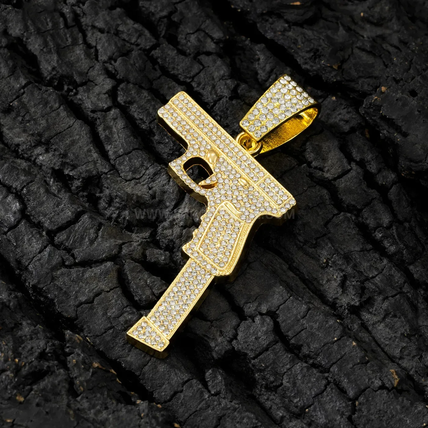 Rhinestone Pistol Motif Pendant Cuban Chain Necklace