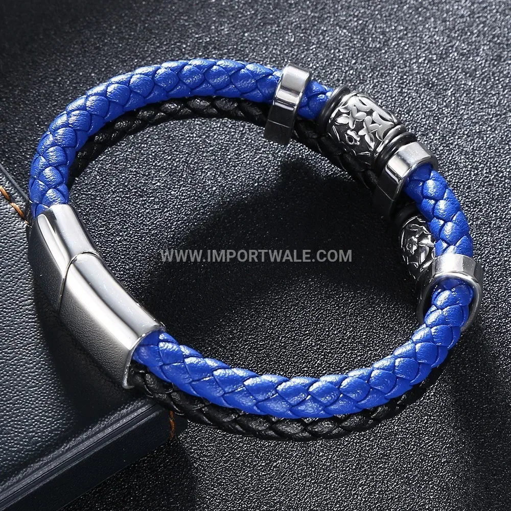 Handmade Retro Leather Bangle Bracelet with Stainless Steel Accents