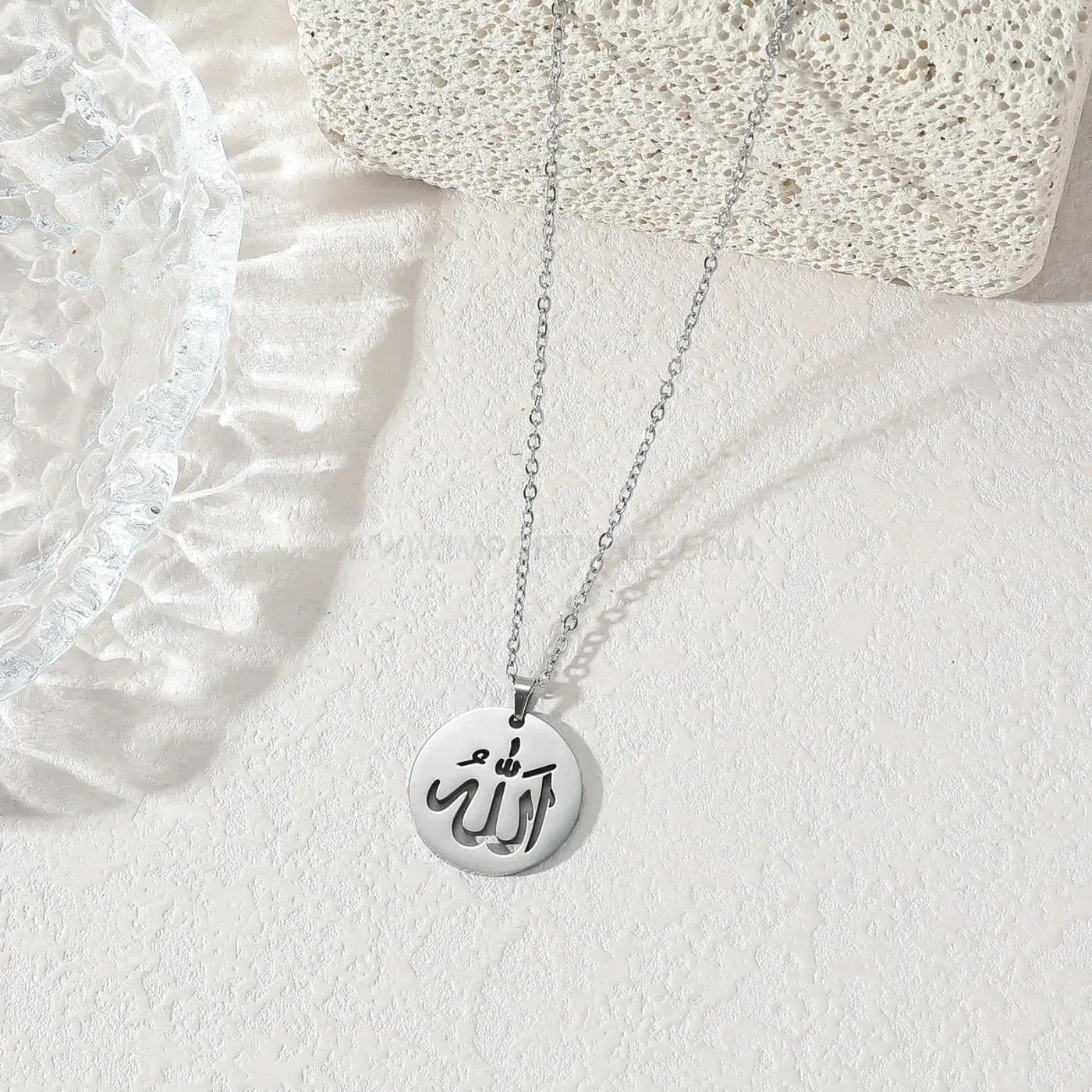 Modern Round Stainless Steel Calligraphy Medallion Pendant Necklace
