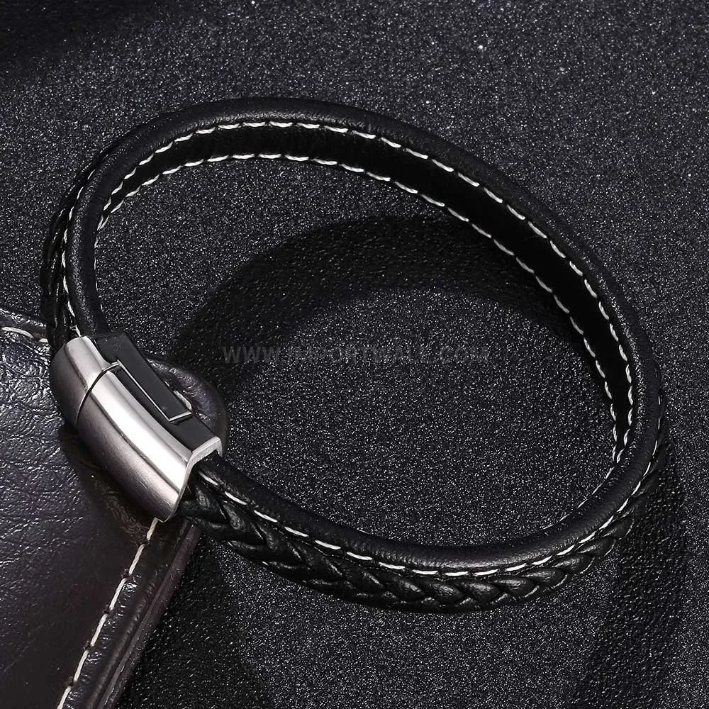 Woven Leather Wrap Wristband with Stainless Steel Magnetic Clasp