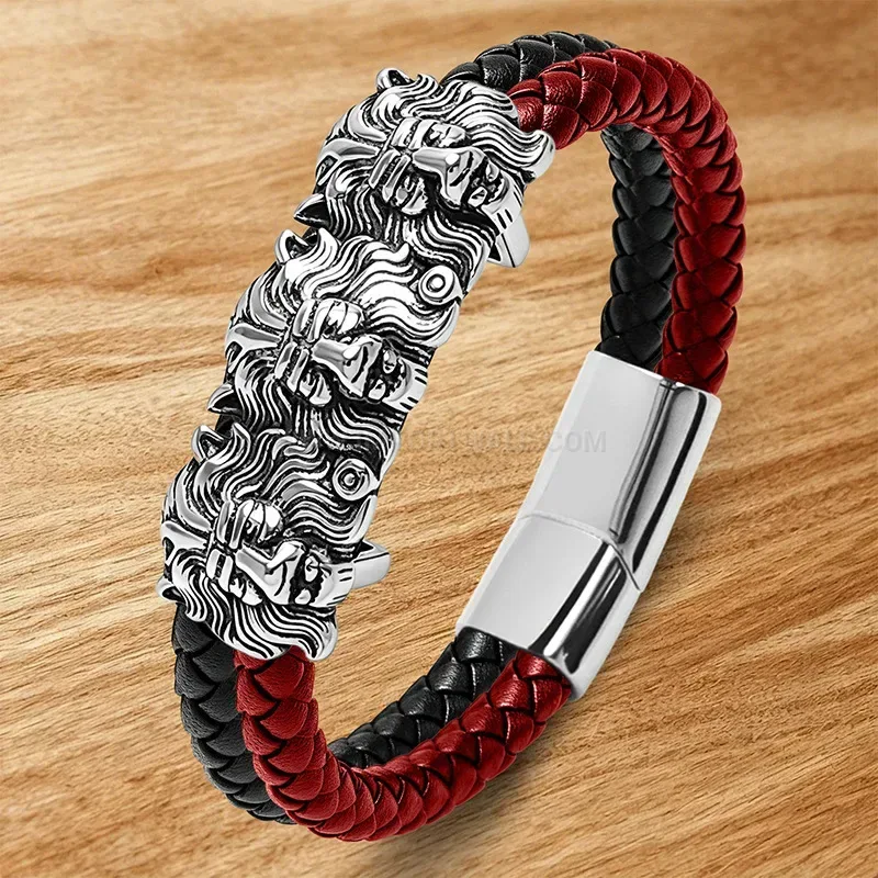 Classic Dual Tone Leather Lion Stainless Steel Men Bracelet