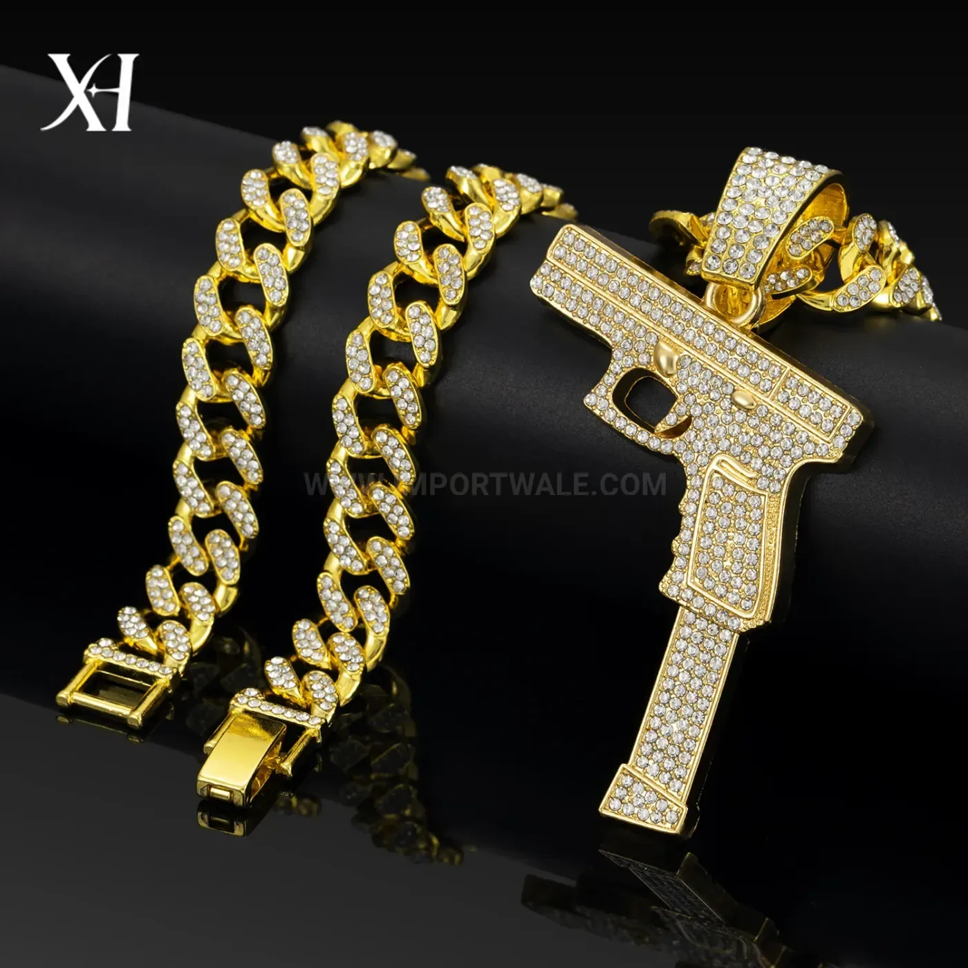 Rhinestone Pistol Motif Pendant Cuban Chain Necklace