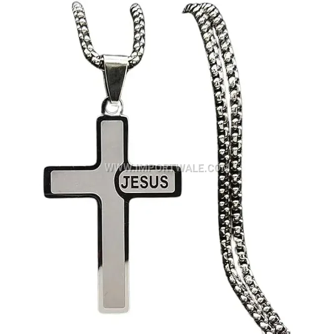 Titanium Steel Jesus Religious Cross Pendant Link Chain Necklace