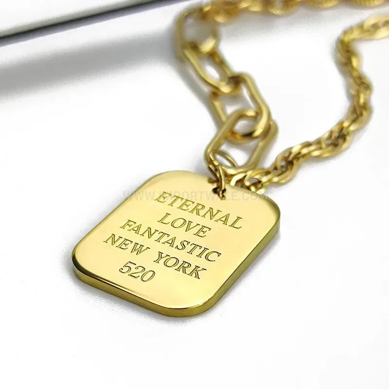 Designer Irregular Titanium Steel Square Tag Letter Pendant Chain Necklace