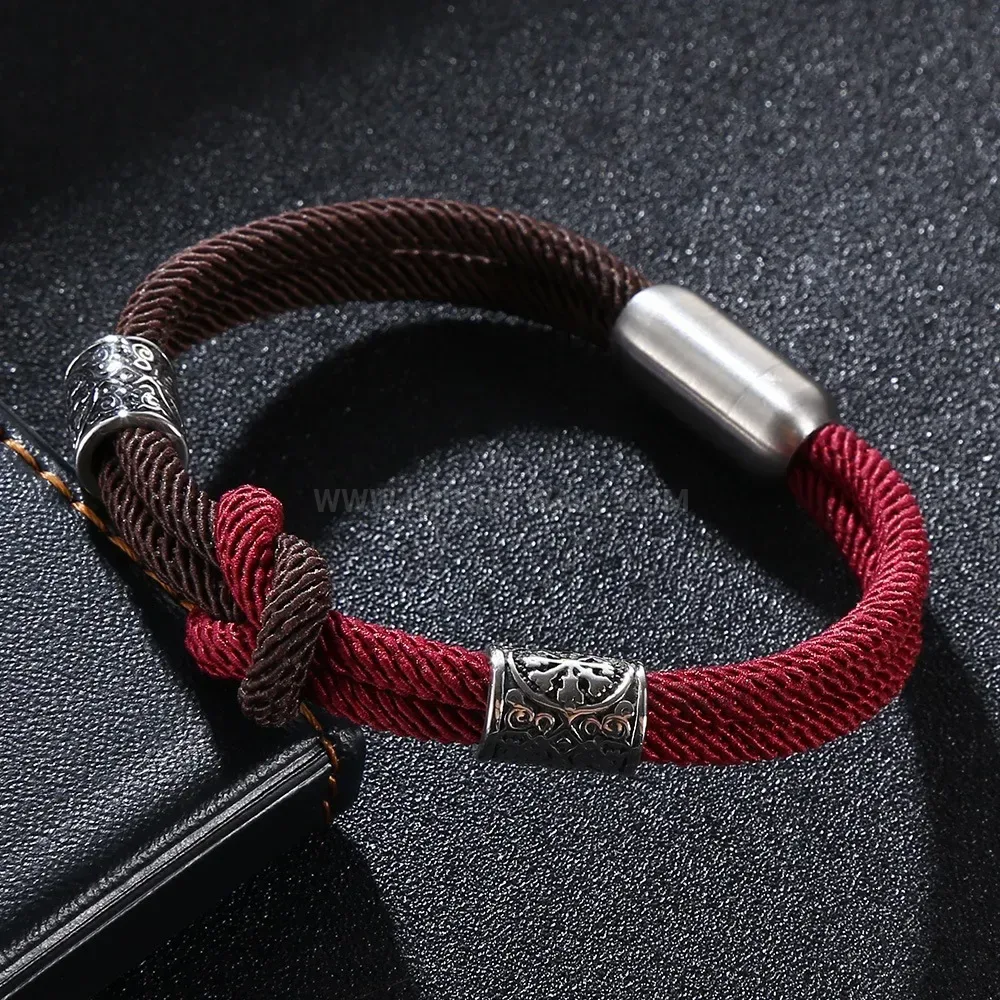 Two-Tone Woven Knot Leather and Stainless Steel Bracelet