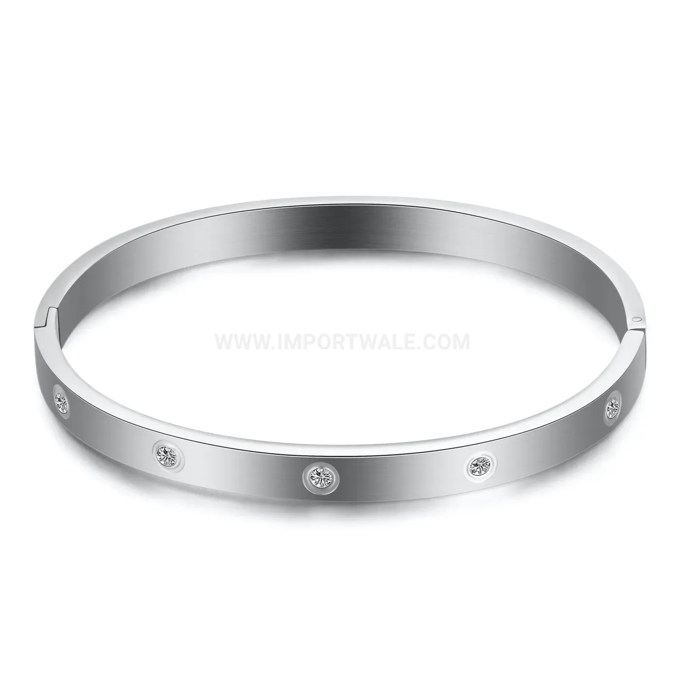 Modern Crystal Accent Symmetrical Polished Stainless Steel Bangle Bracelet