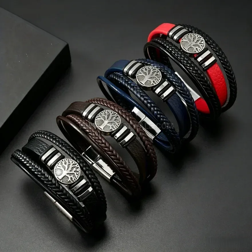 Chic Braided Tree of Life Multi Strand Leather Bracelet