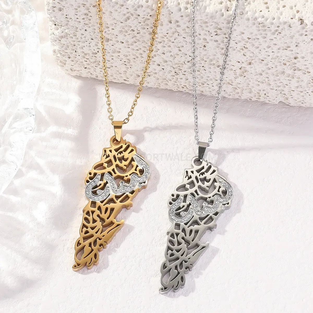 Trendy Gold Plated Stainless Steel Palestine Map Zircon Pendant Necklace