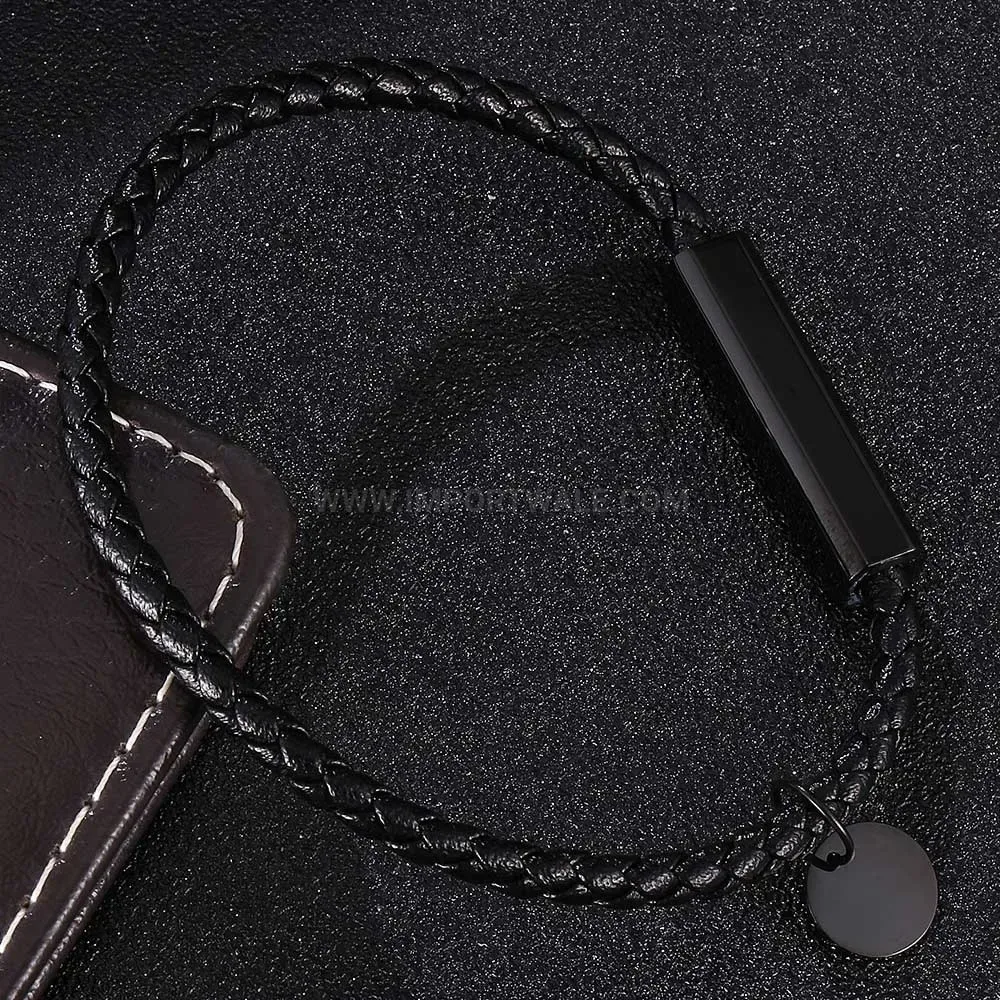 Engravable Black Stainless Steel Braided Leather Couple Bracelet