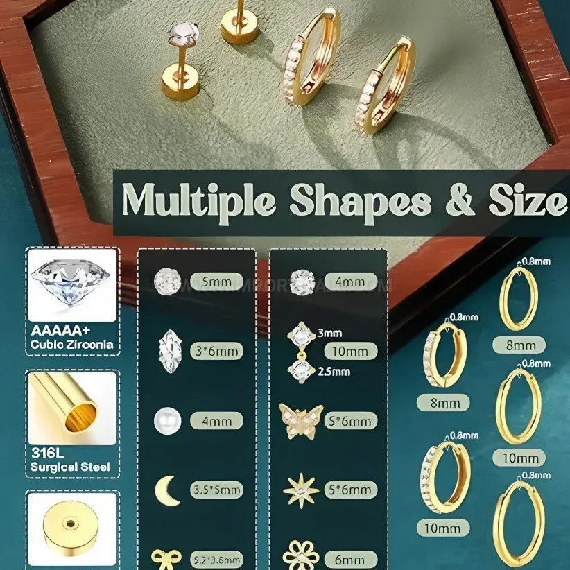 Classic Stainless Steel Zircon Butterfly and Moon Piercing Earring Set